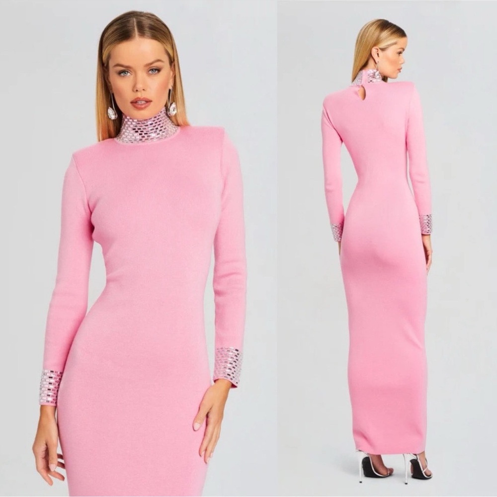 Retrofete Monroe embellished Pink Long Sleeve Gown with Silver Accents